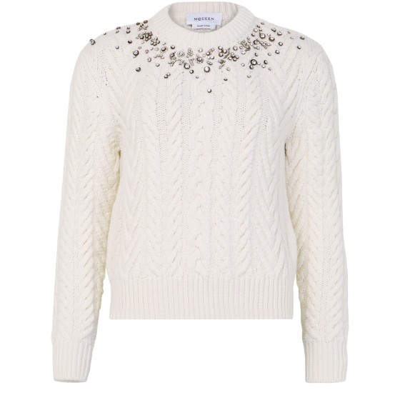Round neck sweater with crystal embroidery - Beige