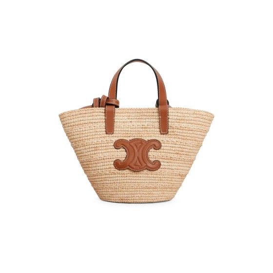 Nano Triomphe Celine classic basket in raffia and calfskin - Beige