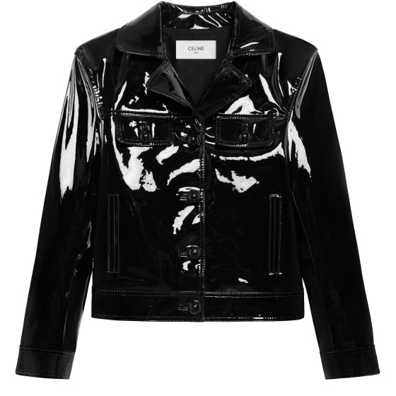 Straight-fit waist-cinching patent lamb leather jacket - brown