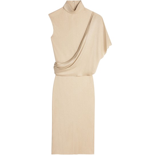 Shiny Viscose Draped Dress - Beige