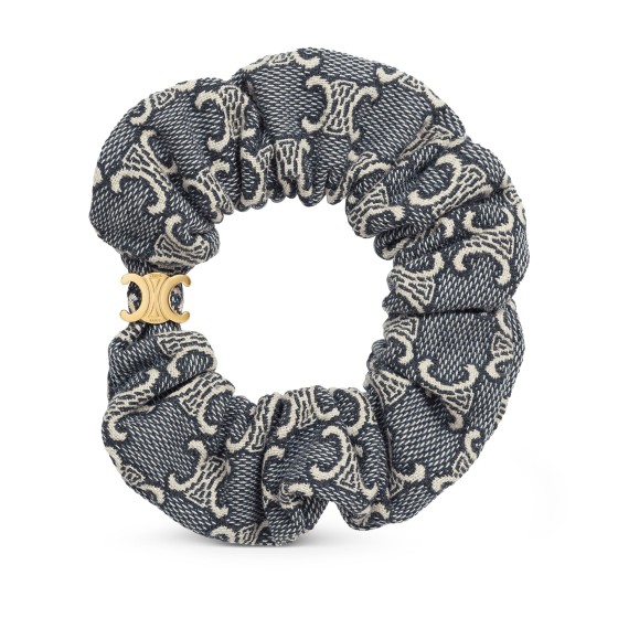 Celine jacquard Triomphe scrunchy in cotton, polyester, polyamide and brass with gold finish - navy blue