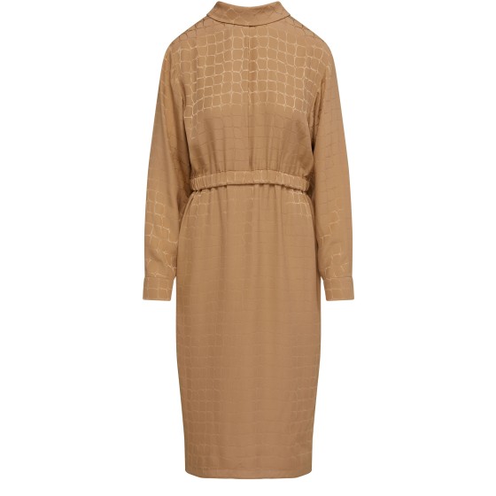 Matte and glossy silk lapel midi dress - Beige