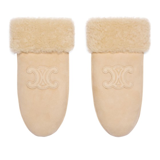 Triomphe Wool Leather Mittens - Beige