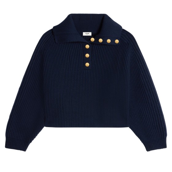 Ribbed wool and cashmere oversized short sweater - navy blue