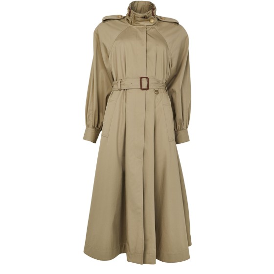 Long trench coat with stand-up collar in cotton gabardine - brown