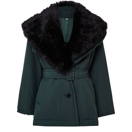 Fur collared belted coat - Green