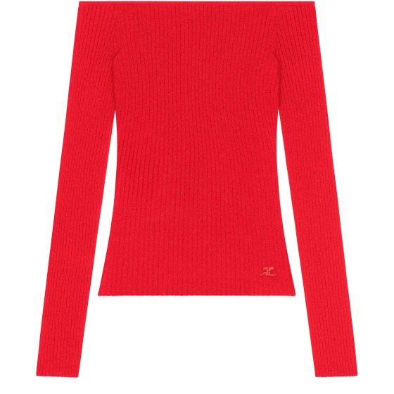 Off shoulder rib knit top - Red