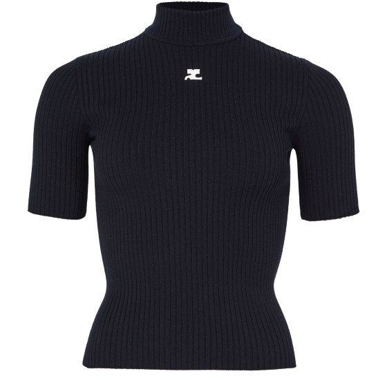 Short-sleeved ribbed knit sweater - navy blue