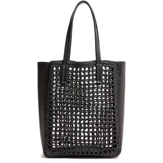 Zoe small leather raffia tote bag - Black