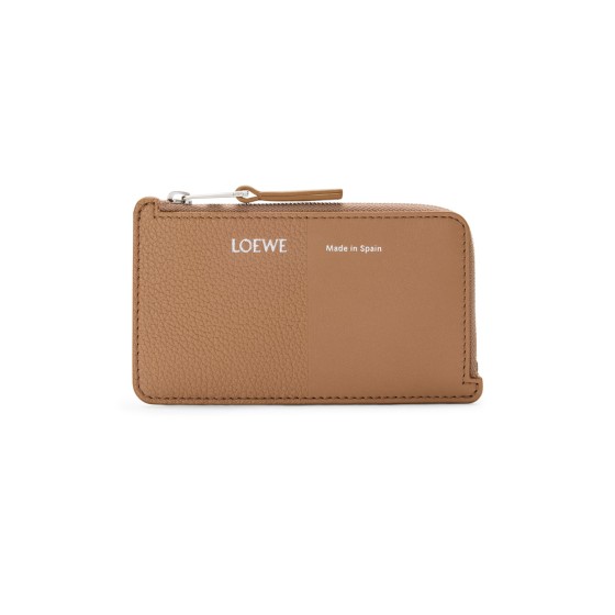 Duet card and coin holder in mixed leather - brown