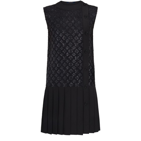 Short Straight-Cut Jacquard Dress with Monogram - Black