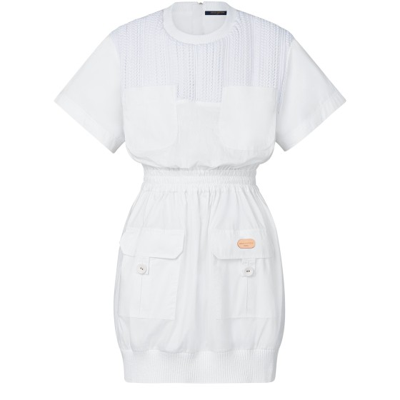 Woven Patchwork Utility Dress - white