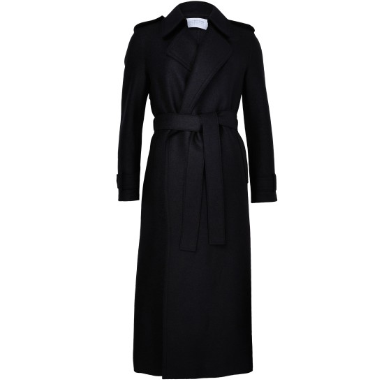 Double-stitched long trench in pressed wool - Black
