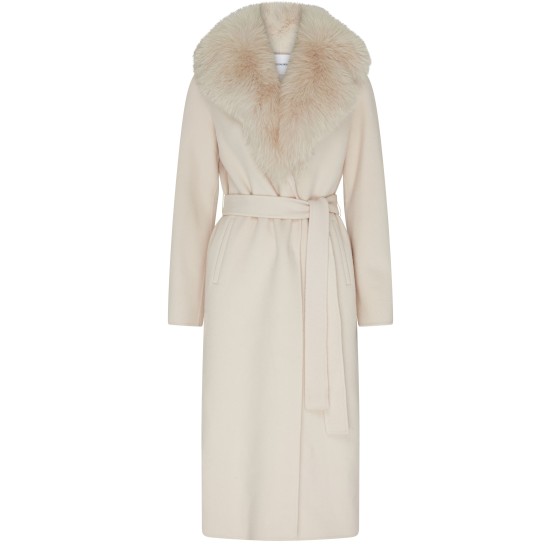 Fox fur collar, turned-edge cashmere wool belted coat - white