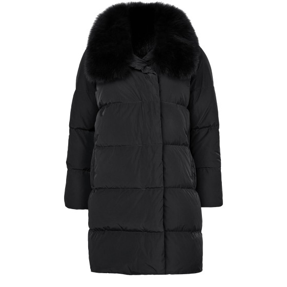 Puffer jacket with a fox fur collar - Black