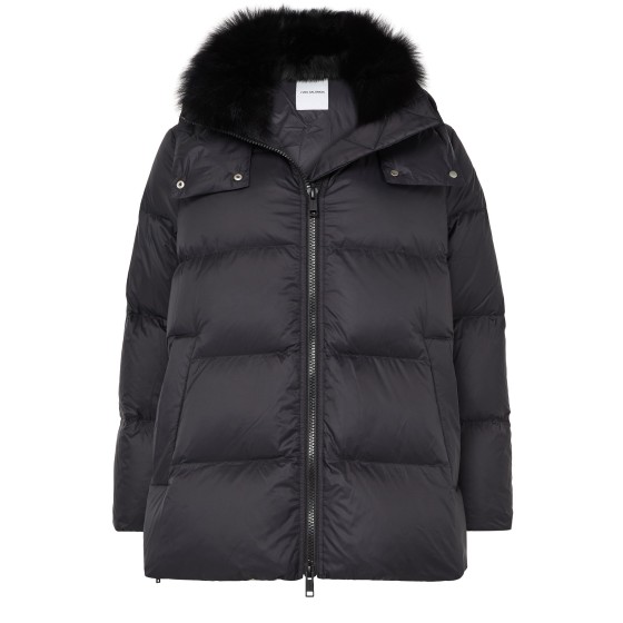 Hooded puffer jacket with a fox fur collar - Black