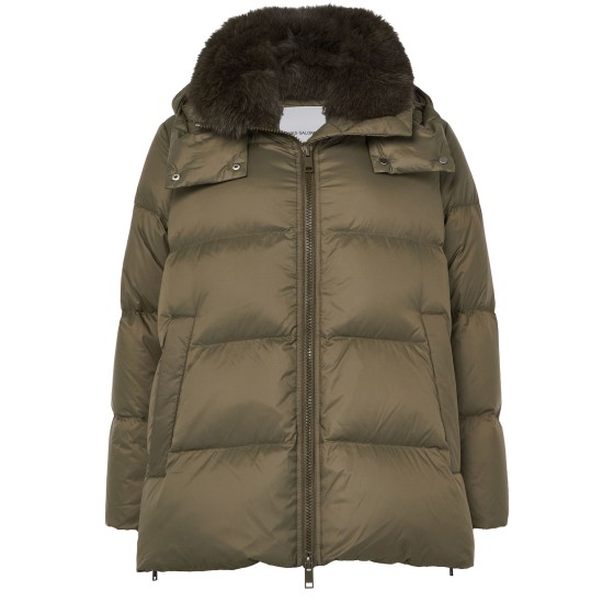 Hooded puffer jacket with a fox fur collar - Beige
