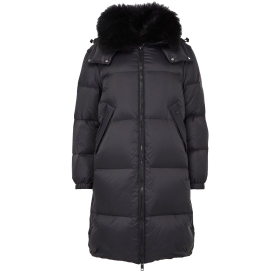 Hooded maxi puffer jacket with a lambswool collar - Black